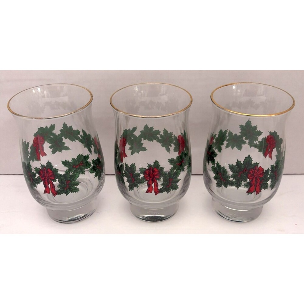 Vintage Libbey Holly & Berry Christmas Tulip Hurricane Glases Gold Rim Set Of 4